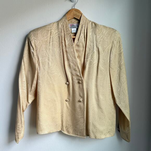 Talbots Petite Collection Silk Blouse Gold Paisley Double Breasted 4P - Picture 1 of 8
